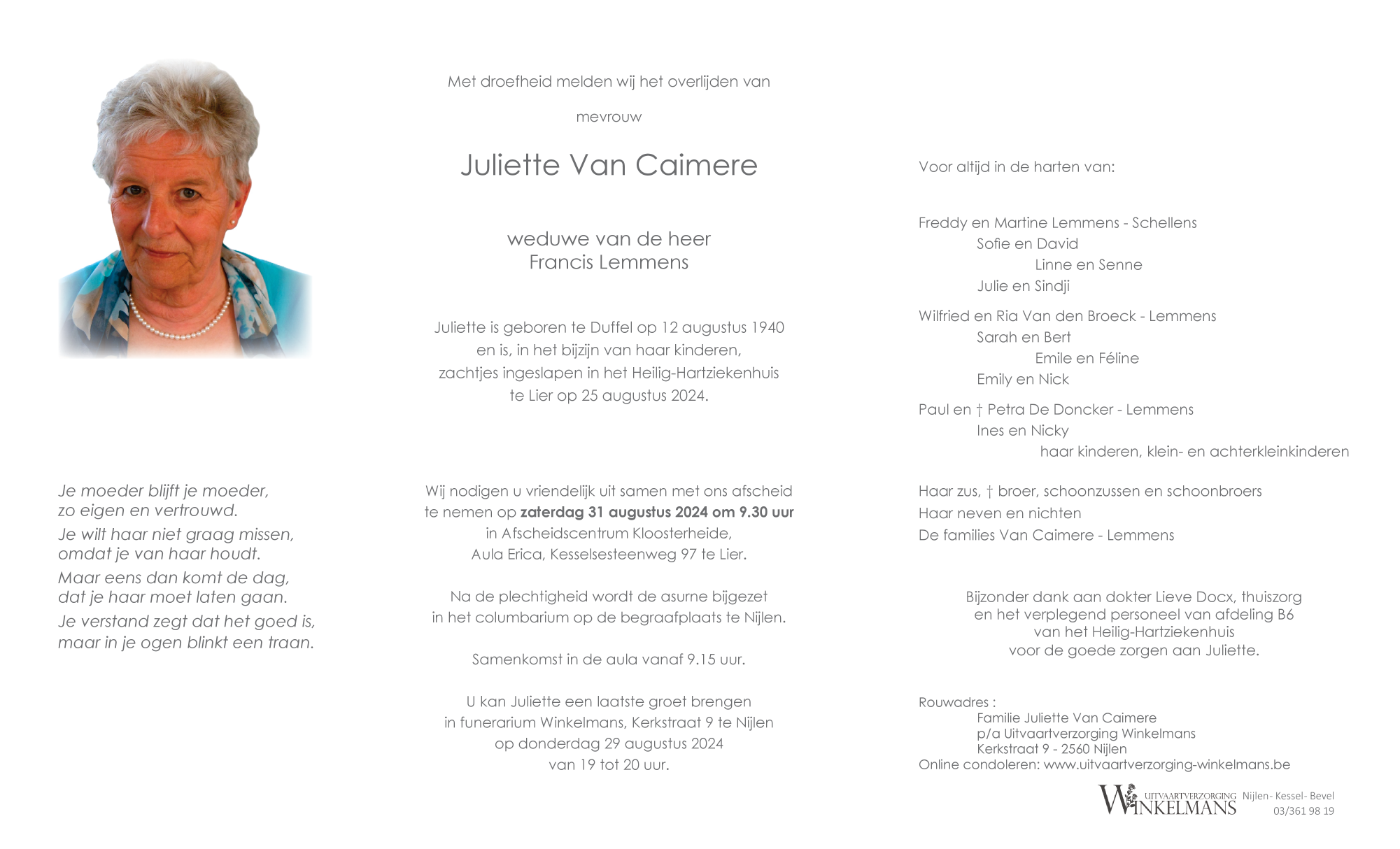 Winkelmans Overlijden van Mevrouw Juliette Van